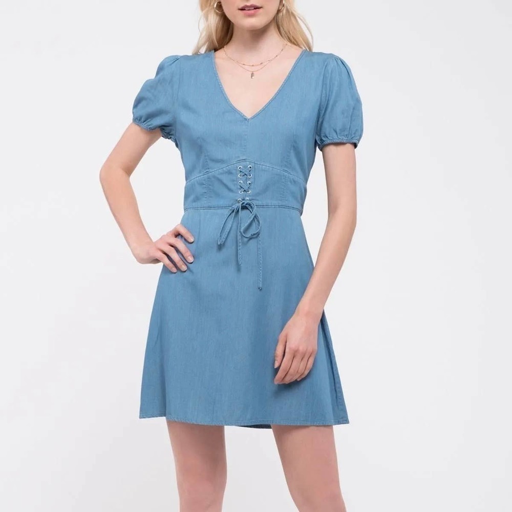 New Day to Day Blu Pepper Chambray Dress Women's S Lace Front Denim Mini Flaw